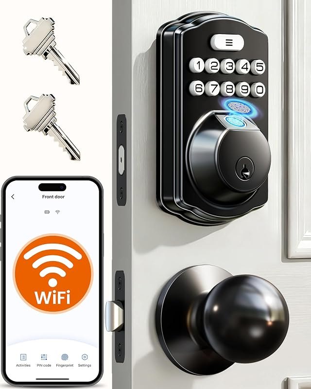Veise VE012W-K WiFi Fingerprint Smart Lock with 2 Knob Set, Matte Black — smart lock with video doorbell for smart