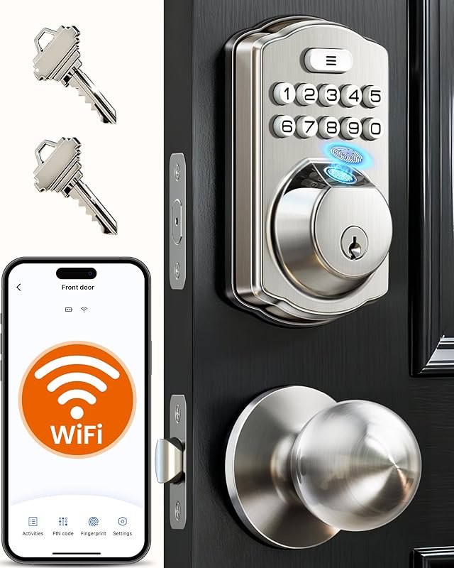 Veise VE012W-K WiFi Fingerprint Smart Lock with 2 Knob Set, Satin Nickel — smart lock for heavy door for smart lock
