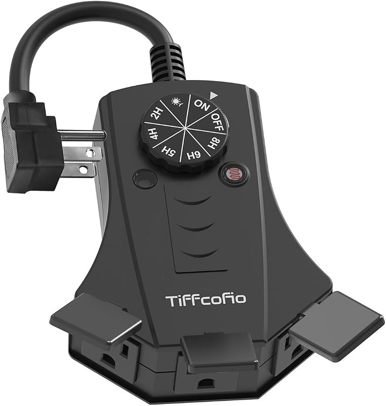 TiFFCOFiO Outdoor Timer Outlet, Dusk to Dawn Light Sensor Timer Weatherproof, 3 Grounded Outlets for Halloween and