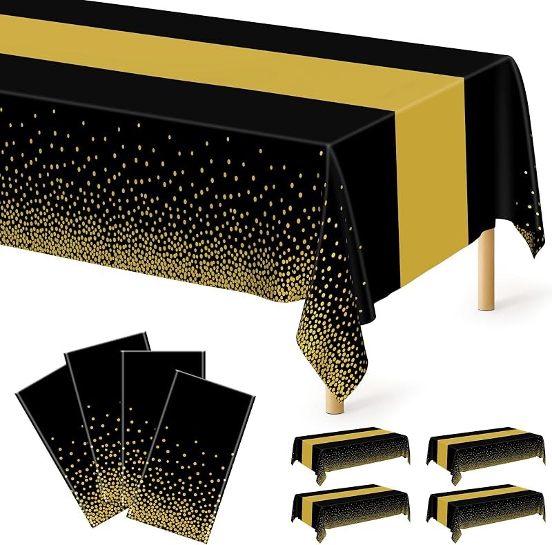 4Pack Black and Gold Tablecloths for Events, 54" x 108" Plastic Table Cloth Disposable for Rectangle Tables