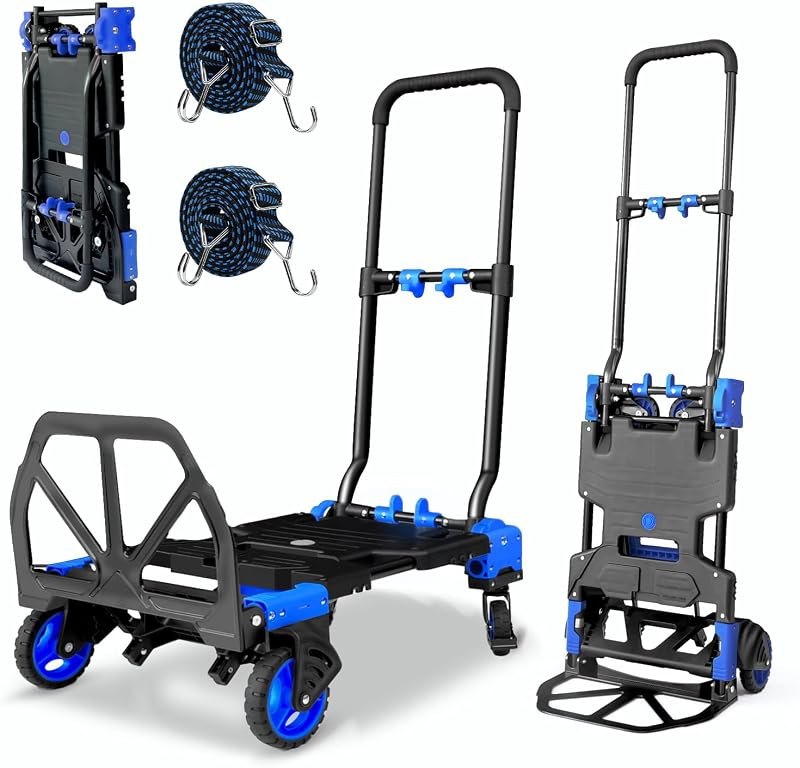 2-in-1 Hand Truck Dolly, 330LB Heavy Duty Carrying Portable Handtruck, Folding Hand Dolly with 4 Wheels&Retractable
