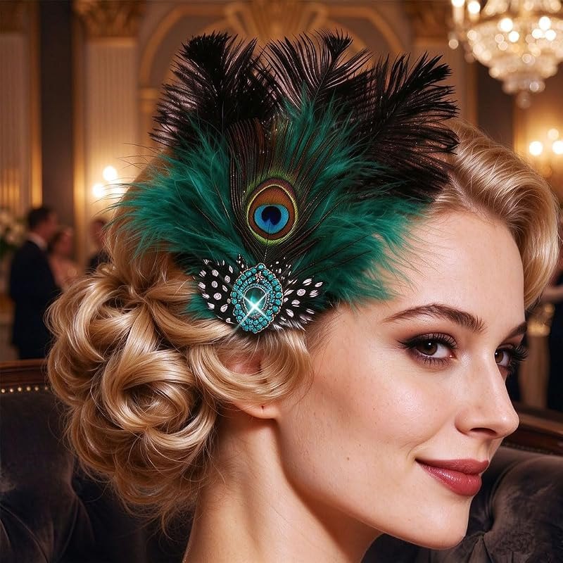 Campsis Peacock Feather Hair Clips, 1920s Fascinator Headpiece, Green Gatsby Hair Accessories for Women — Mockingjay