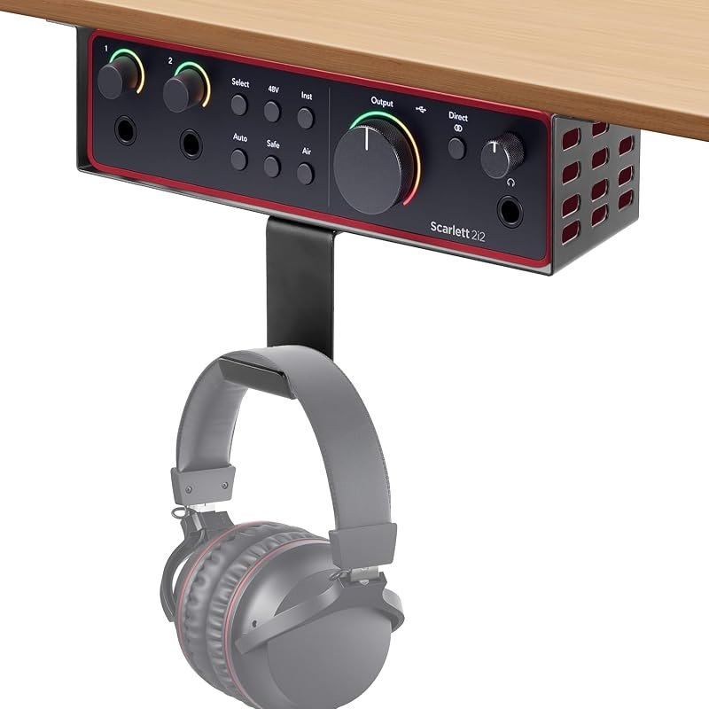 Metal Under Desk Mount for Focusrite Scarlett 2i2 4th Gen with Adjustable Headphone Hanger Stand, Metal Under Desk