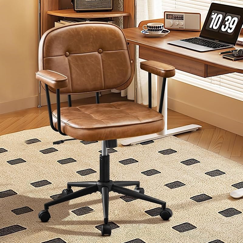Home Office Chair with Wheels Padded Armrest, Leather Office Chair with Mid Back Lumbar Support Adjustable Height