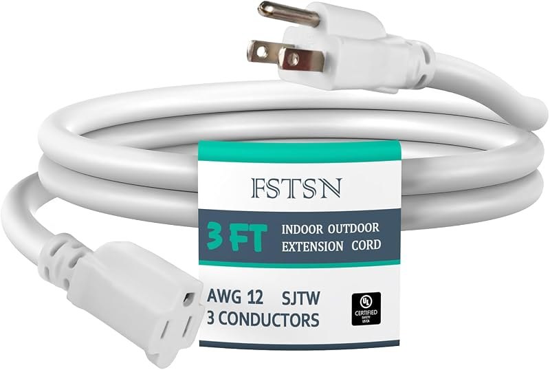 3 ft Heavy Duty Extension Cord - 12/3 SJTW 15 AMP Indoor Power Cord with 3 Prong Grounded Plug for Lawn Mower