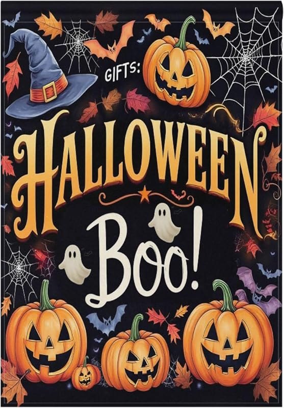 Halloween Ghost Boo Garden Flag 12x18 Inch Double Sided Outside Witch Bat Pumpkin Spider Web Fall Seasonal Yard