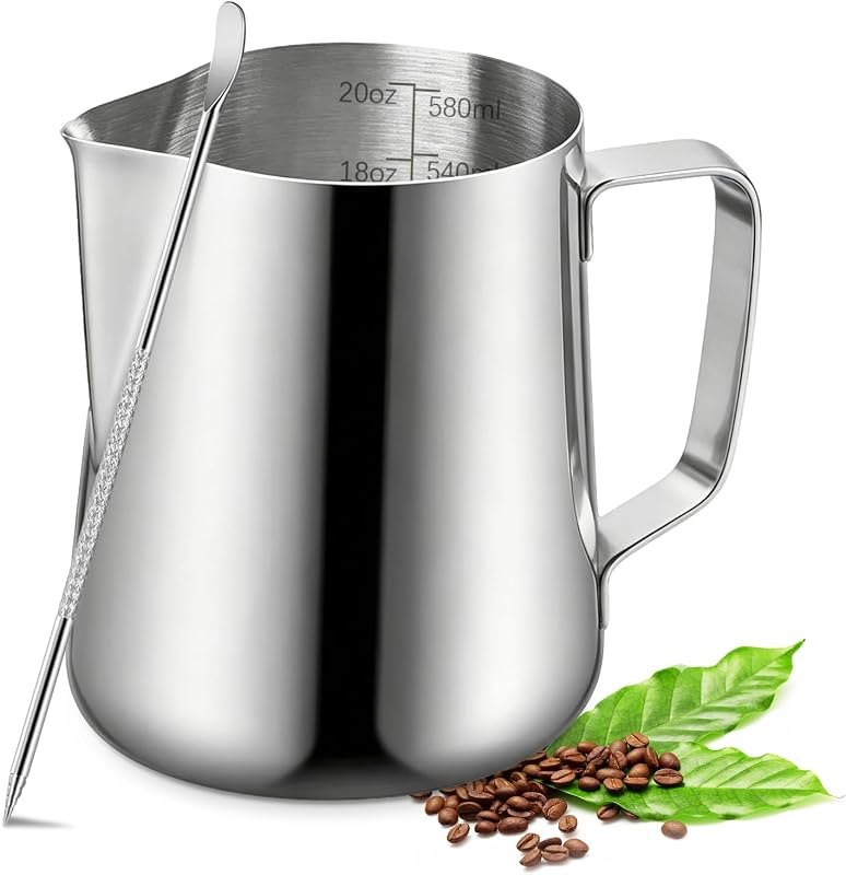 Milk Frothing Pitcher, 600ml (20oz) Milk Frother Cup Stainless Steel Jug Steaming Pitcher, Milk Coffee Cappuccino