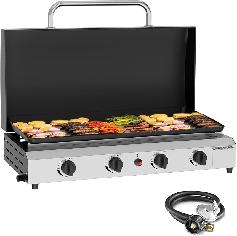 SKOK 4 Burners Outdoor Tabletop Gas Griddle with Hood, Flat Top Grill — smokeless outdoor griddle for smokeless