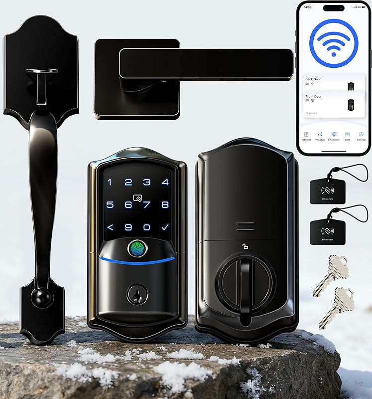 VE027-H Wi-Fi Smart Lock for Front Door with Handle Set, Matte Black — august compatible lock for august compatible lock