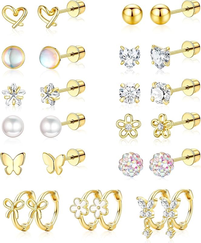 Hypoallergenic Surgical Stainless Steel Earrings for Girls Kids Jewelry - Screw Back Earrings for Sensitive Ears Cute