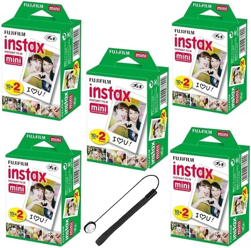 Fujifilm Instax Mini Instant Film for Mini Cameras, White, Credit Card Sized with Free Bonus Cap Keeper - (5 x Twin