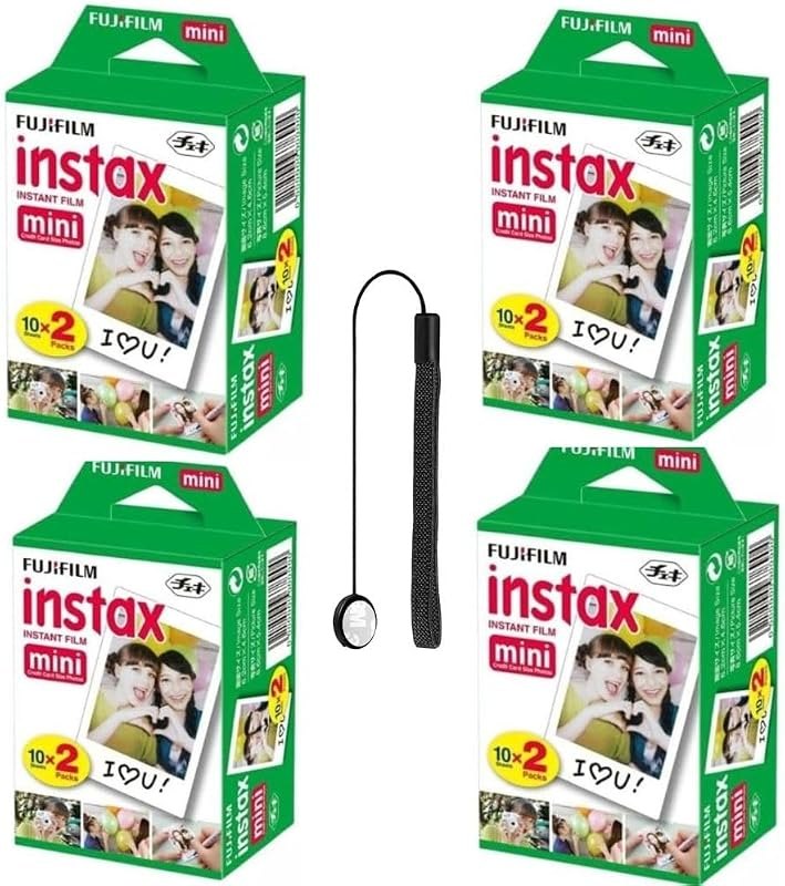 Fujifilm Instax Mini Instant Film for Mini Cameras, White, Credit Card Size with Free Bonus Cap Keeper - 4 x Twin