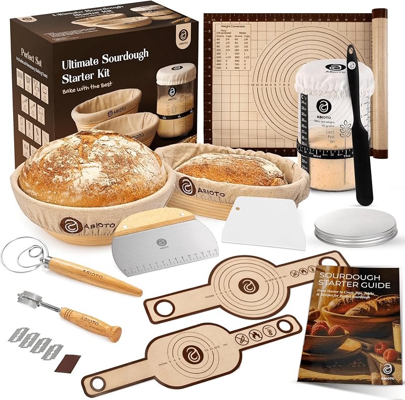 Sourdough Starter Kit with 10" Round & 11" Oval Banneton Proofing Basket and 34oz Starter Jar - Beginner-Friendly