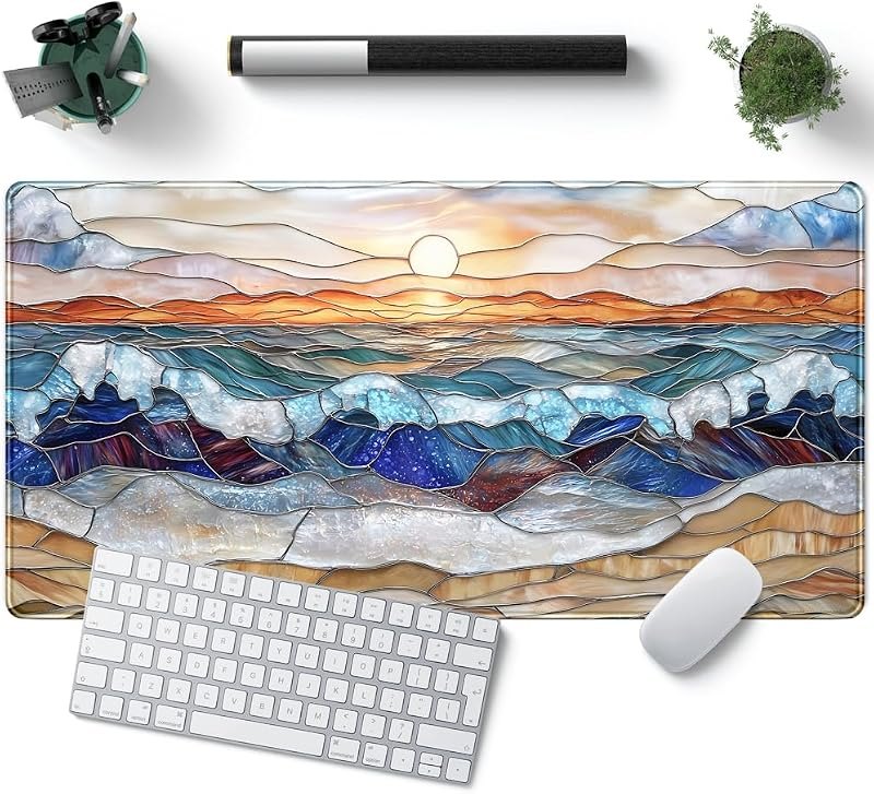Mountain Sunrise Gaming Mouse Pad Large Desk Mat Extended Mouse and Keyboard Pad, Faux Stained Glass Nature Mousepad