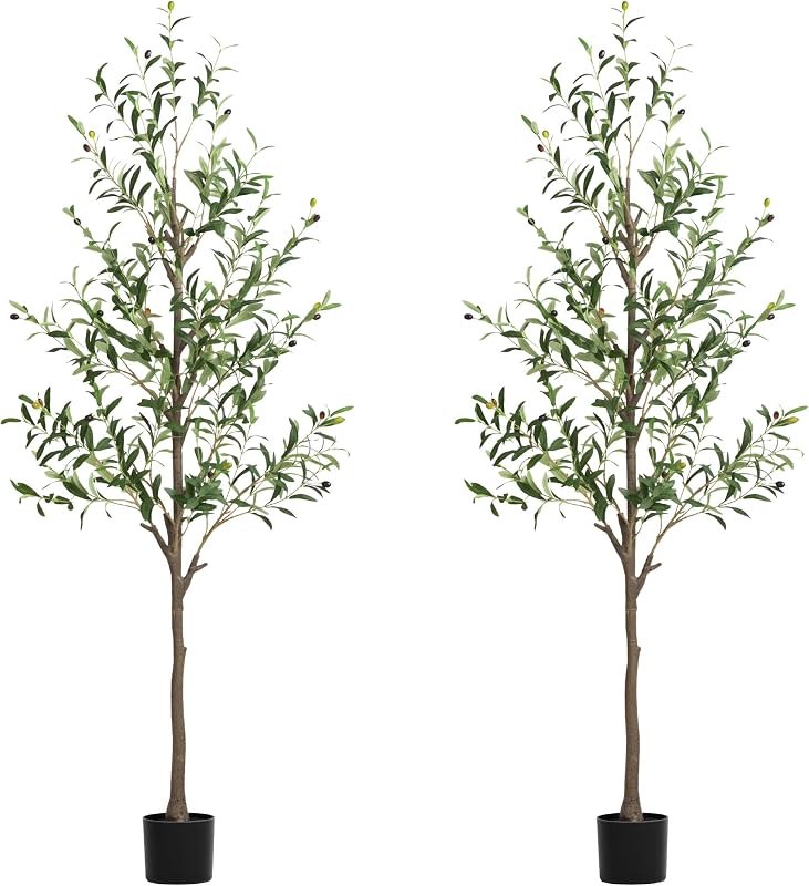 2-Pack 6 FT Olive Tree Artificial Indoor, Faux Olive Trees with Planter, Fake Tall Plants with Natural Trunk and