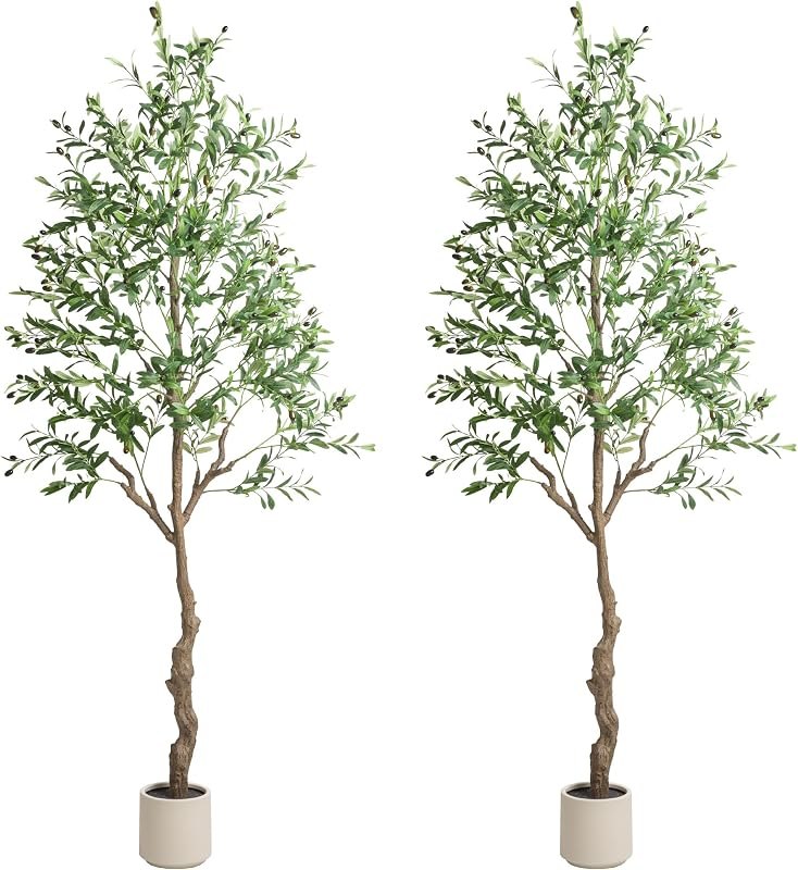 2-Pack 7 FT Olive Tree Artificial Indoor, Faux Olive Trees with Planter, Fake Tall Plants with Natural Trunk and