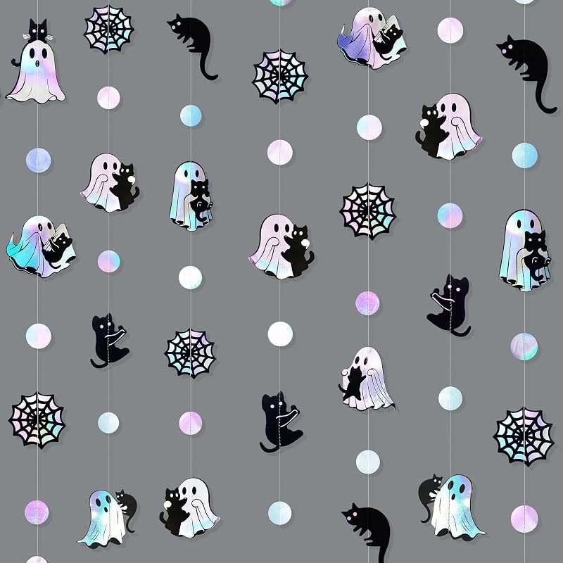 Iridescent Black Halloween Decorations Holographic Ghost Black Cat Spider Web Polka Dot Paper Hanging Garland Streamer