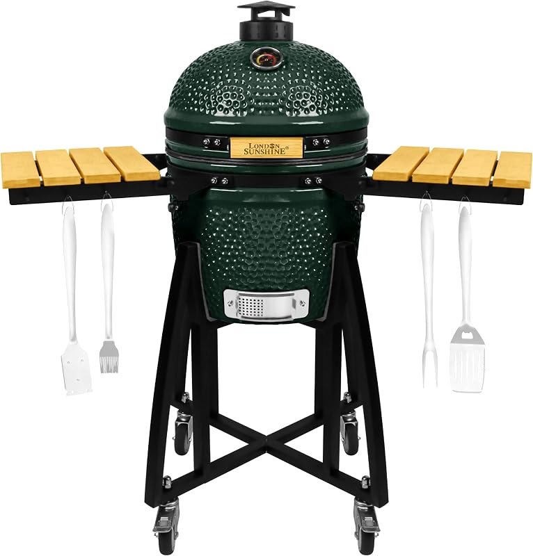 London Sunshine 15-inch Ceramic Kamado Charcoal BBQ Grill & Smoker with Locking Casters, Foldable Side Shelves