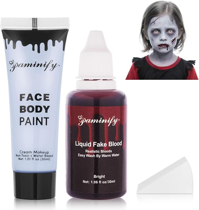Halloween Zombie Makeup Kit,1.01oz Zombie Grey Blue Face Body Paint and 30ml Washable Dripping Vampires Fake Blood