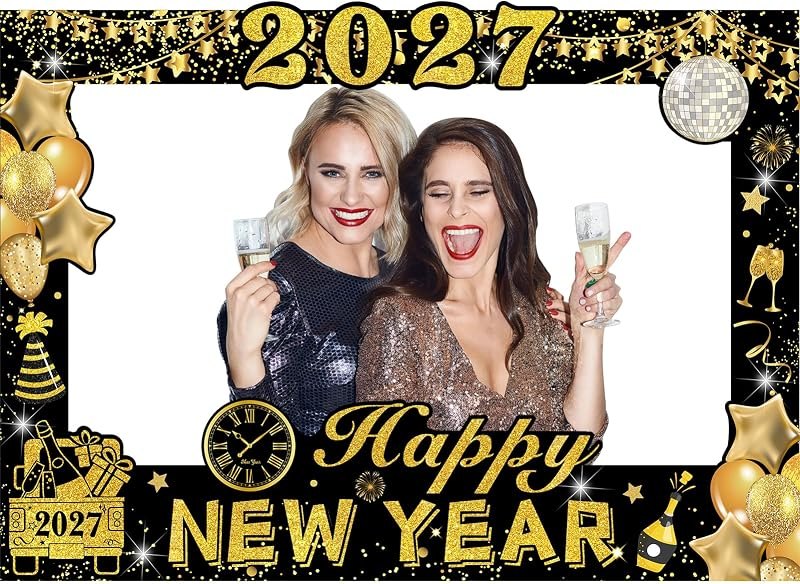 2027 Happy New Years Photo Booth Props Frame, Black Gold New Years Eve Photo Prop Frame for 2027 New Years Eve Party