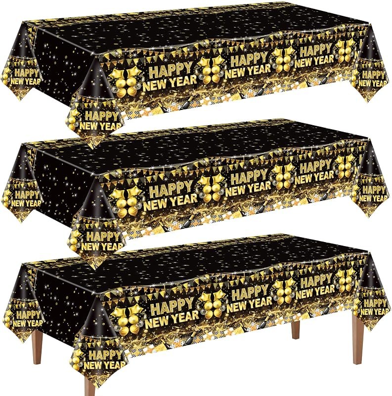 3Pcs Happy New Year Tablecloth Disposable Black Gold Table Cover Plastic Waterproof Tablecloths for New Years Eve