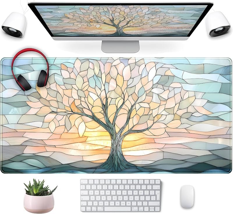 Desk Mat Cute Tree of Life Mouse Pad Gaming XXL Large Extended Desk Matt for Desktop, Faux Stained Glass Pastel Desk