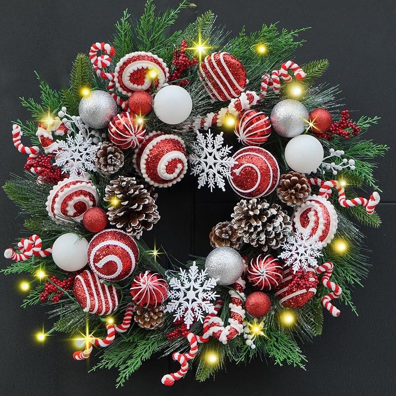 24 Inch Artificial Christmas Wreath for Front Door, Red White Wreath with Christmas Balls Peppermint Candy Snowflakes
