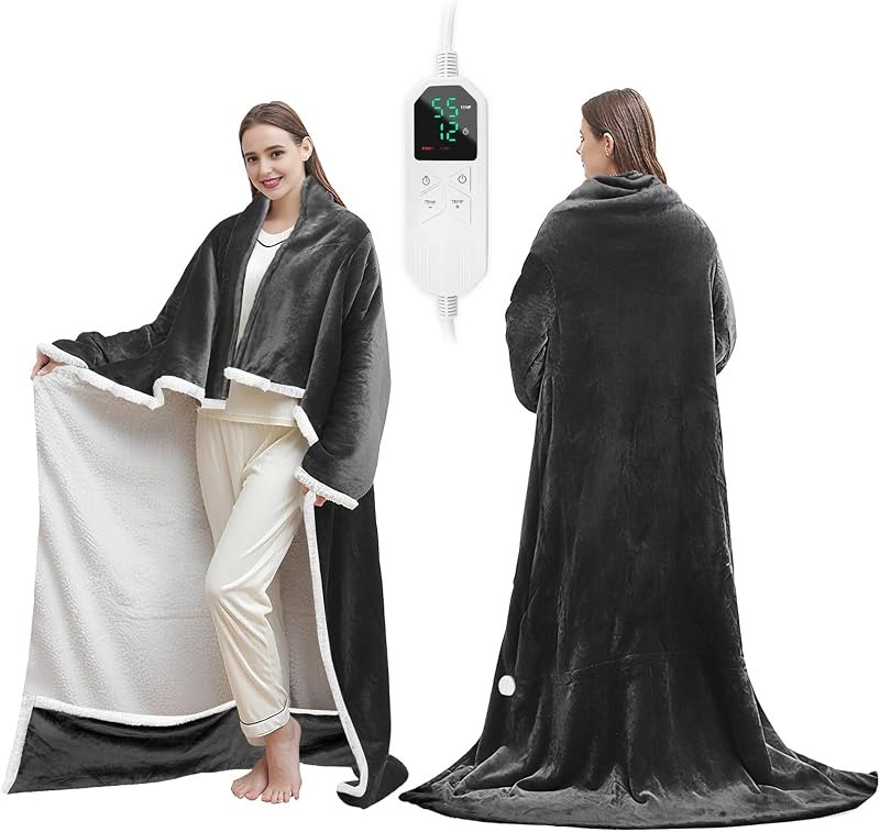 Wearable Heated Blanket with with Foot Pocket, Electric Blanket Wearable with Sleeves, Electric Throw Wrap Poncho