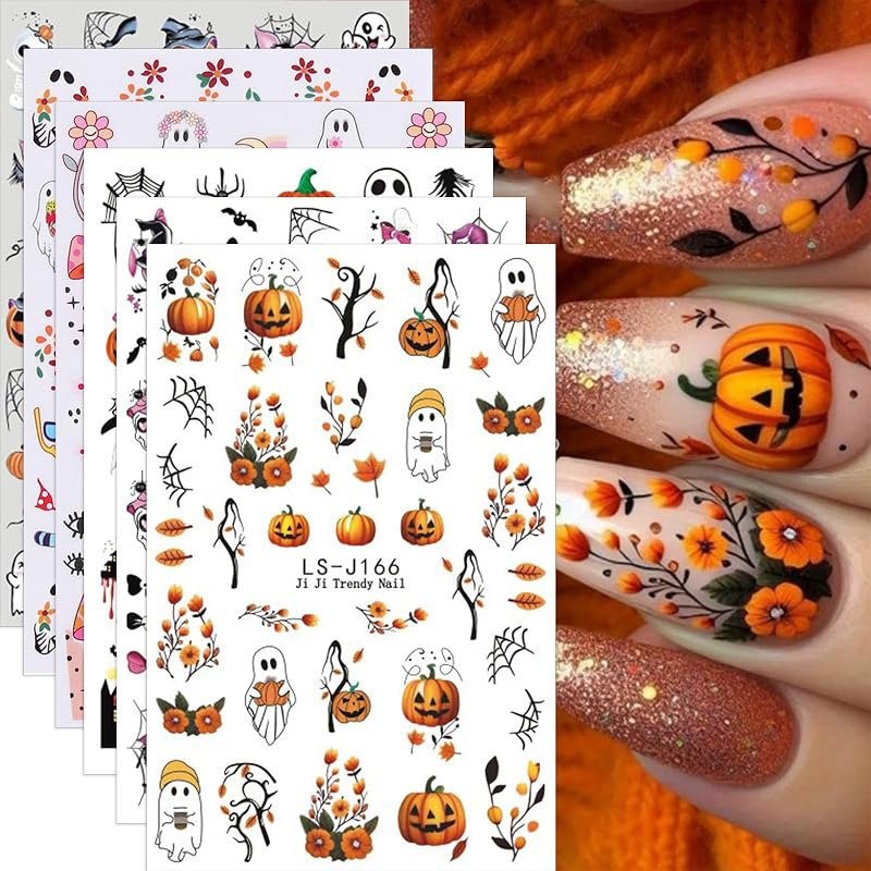 Spooky Nail Stickers Halloween Pumpkins Nail Decals 6PCS Self-Adhesive Flower Bat Spider Web Mushroom Skull Ghost