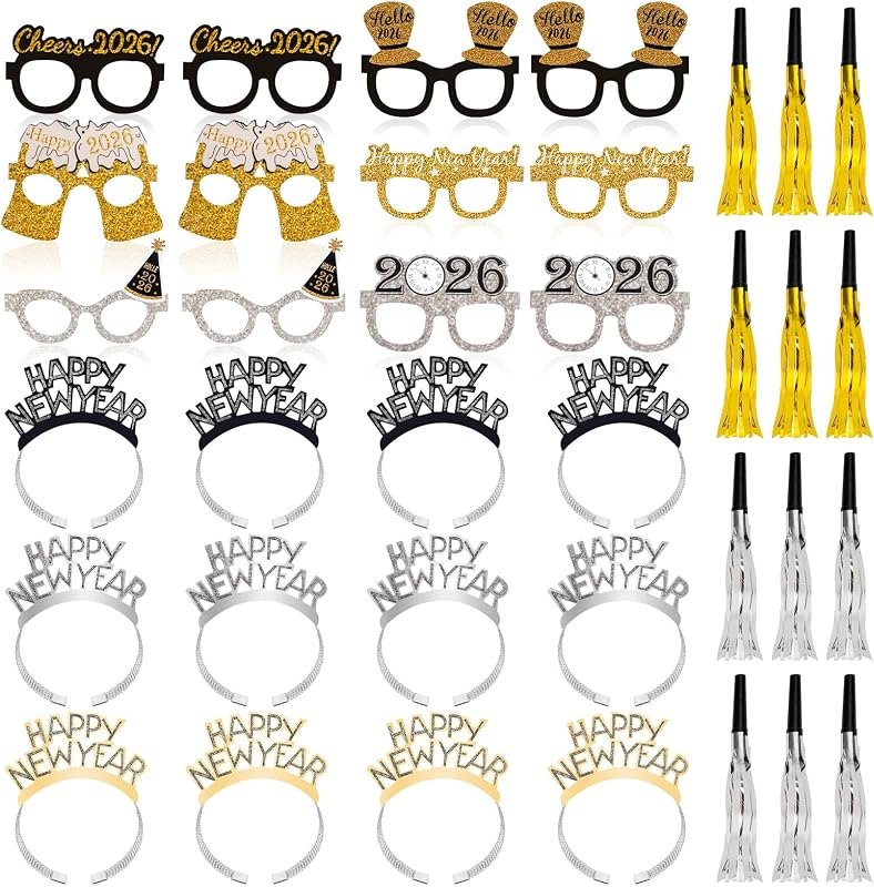 36 Pcs New Years Eve Party Supplies 2027 - New Years Decorations Set, Silver Gold Black Happy New Year Headband Tiara