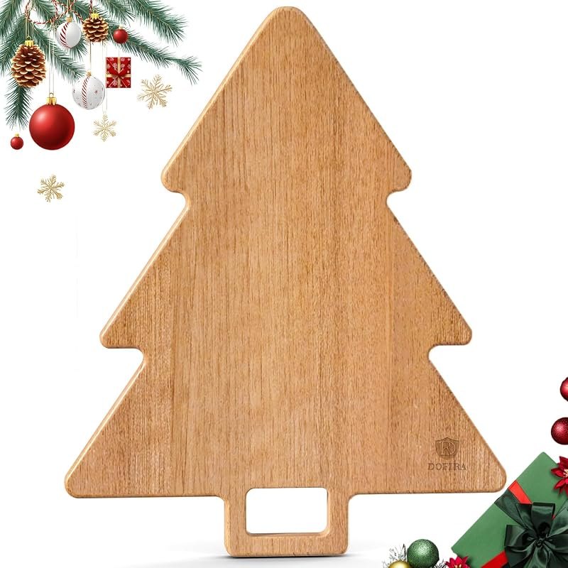 Acacia Wood Christmas Tree Cutting Board 15x12 Inch Charcuterie Board with Handle, Xmas Cheese Appetizer Tray, Wooden