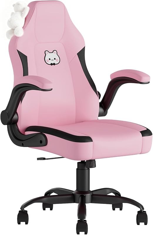 Pink Gaming Chair, Ergonomic Desk Office Chair with Lumbar Support, Computer Chair with Flip-up Armrests, Comfy Task