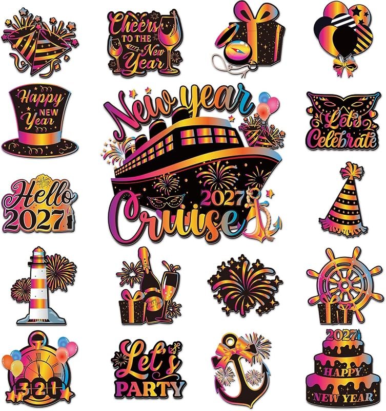 New Year Cruise Door Magnets - Cosmisun 17 PCS 2027 Happy New Years Cruise Door Decorations Magnetic New Years Eve