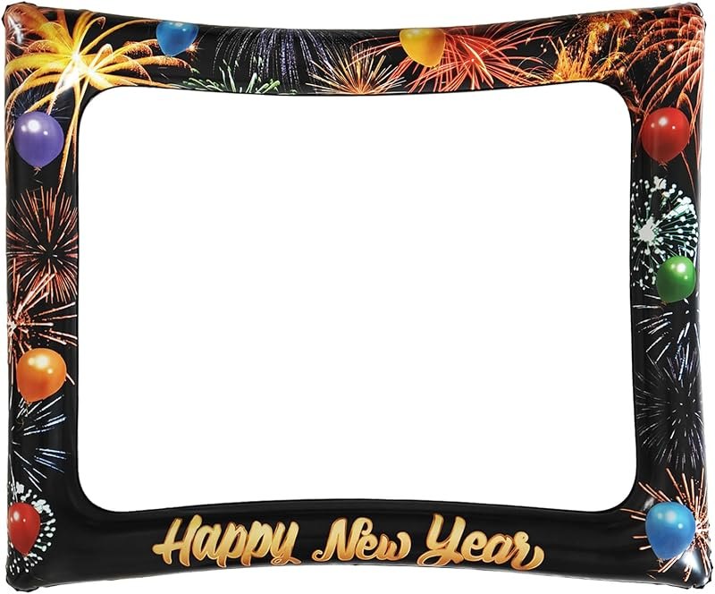 Colorful Happy New Year Photo Booth Props Inflatable Selfie Frame, Black Gold New Year Eve Photo Booth Frame for 2026