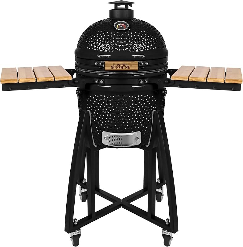 London Sunshine 15-inch Ceramic Kamado Charcoal BBQ Grill & Smoker with Locking Casters, Foldable Side Shelves