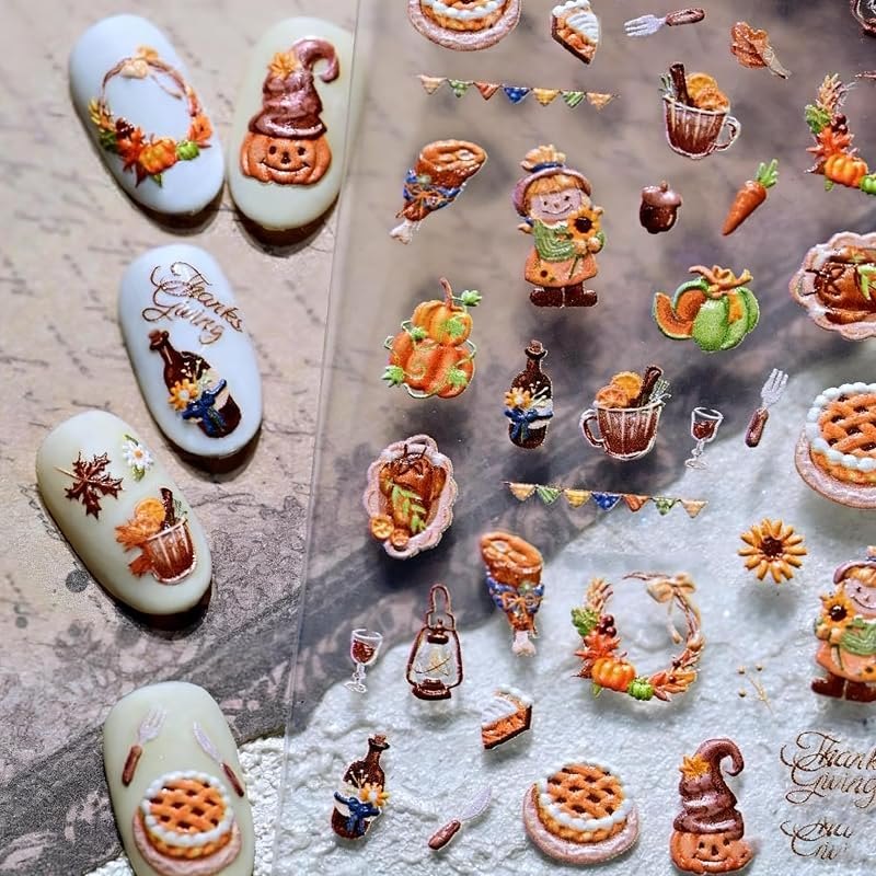 Thanksgiving Day Nail Stickers 5D Embossed Pumpkin Lanterns Nail Art Stickers 3D Self Adhesive Wine Bottles Nail