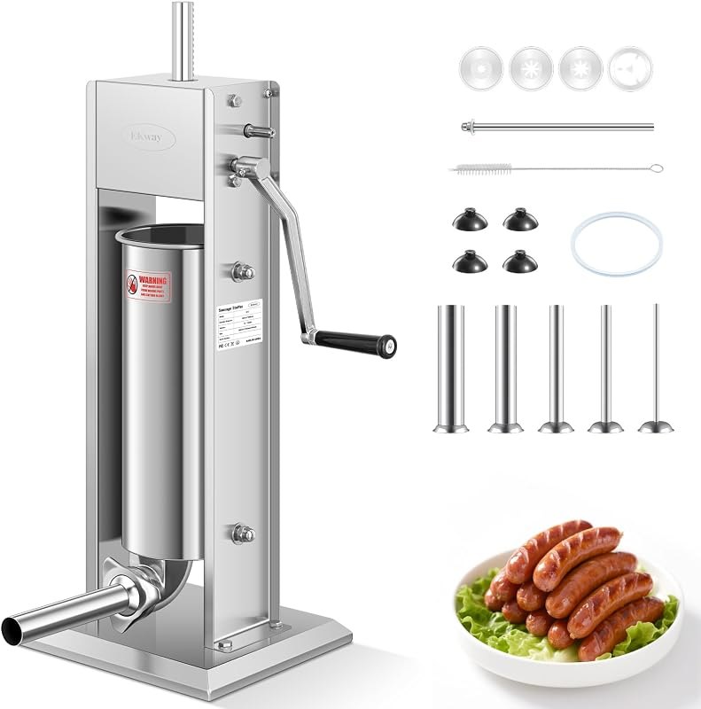 15Lb/7L Sausage Stuffers,Vertical 304 Stainless Steel Sausage Maker Adjustable,2 Speeds, 5 Filling Tubes ,Silver —