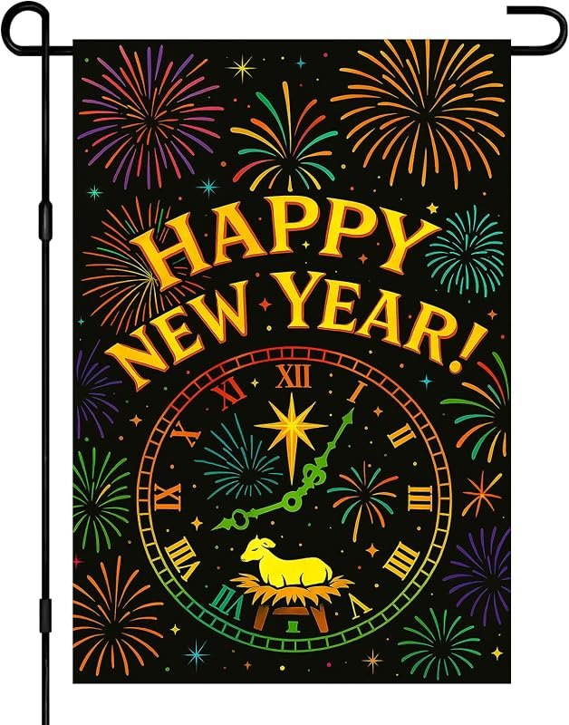 BlissYard Happy New Year Garden Flag 12x18 Inch Countdown Clock Winter Holiday Yard Decor Seasonal Banner Outdoor