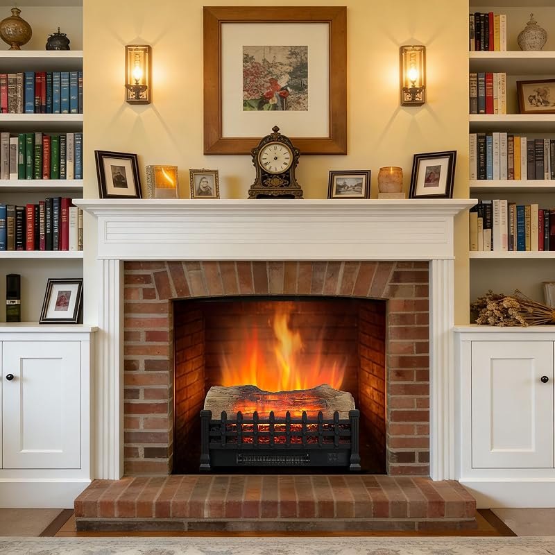 21" Electric Fireplace Log Set, Fireplace Insert with Realistic Flame, Adjustable Flame Brightness, Thermostat, 9H