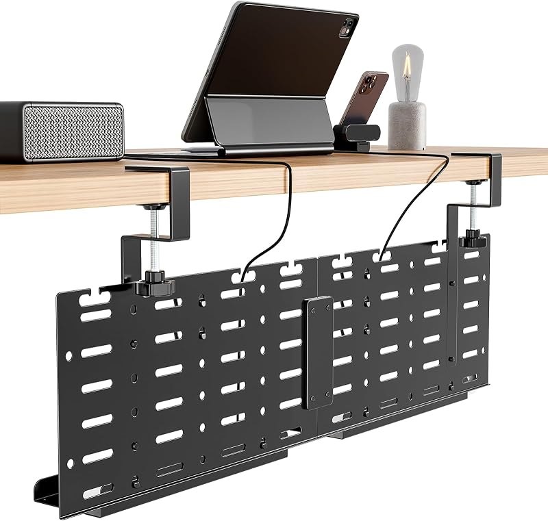 PEGZONE Under Desk Cable Management Tray, 30.2" No-Drill C-Clamp Pegboard — cable tray for standing desk accessories