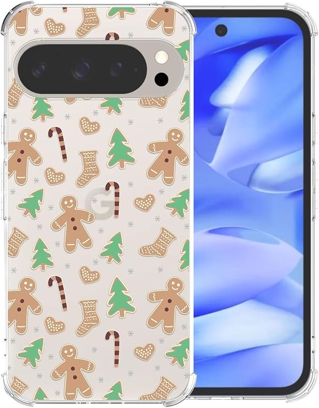 Christmas Phone Case for Google Pixel 9 Pro - Clear Transparent Soft TPU Case with Xmas Gingerbread Man Pattern, Cute
