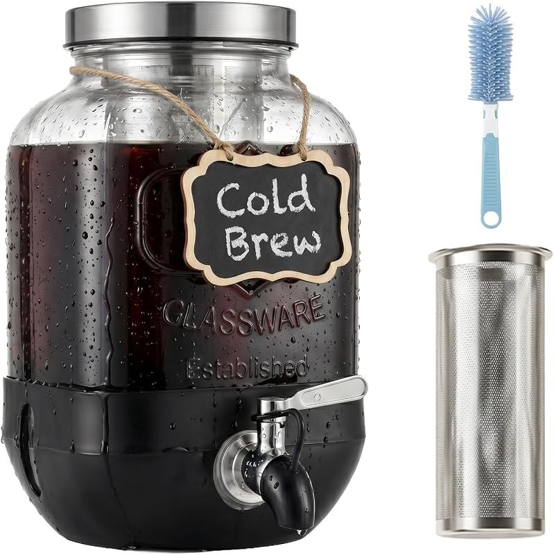 Cold Brew Coffee Maker With, Cold Brew Pitcher,1 Gallon Glass Pitcher With Stainless Steel Filter,304 Stainless Steel