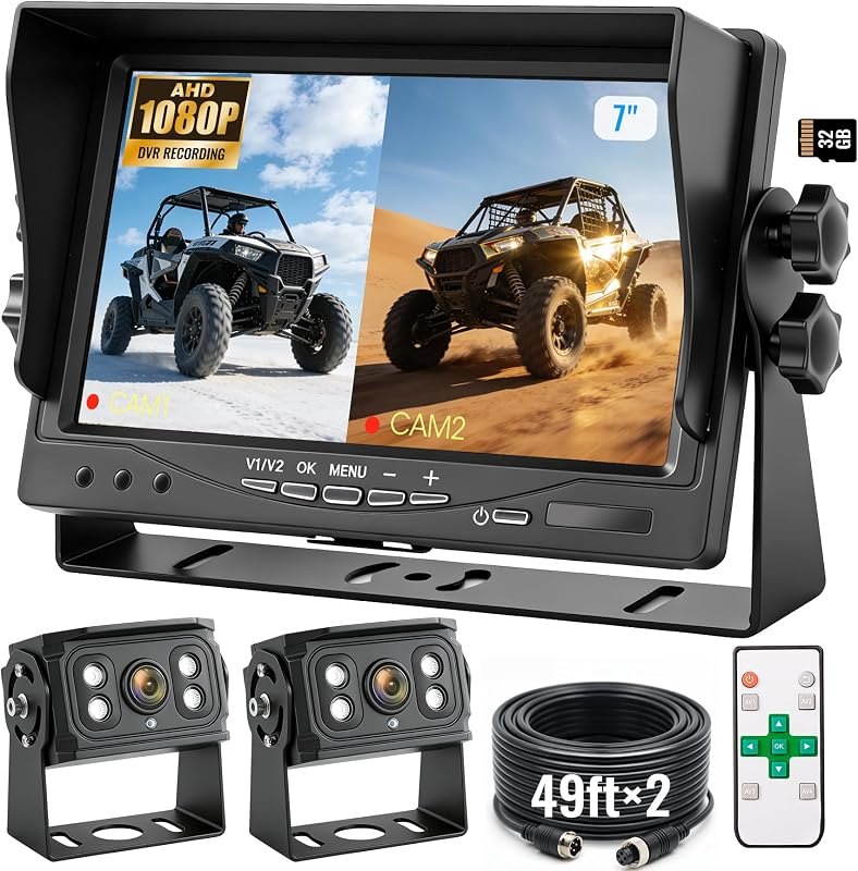 7" 2-Wired Backup Camera System, DVR Dual Screen Rear View Camera, IP69 Waterproof IR Night Vision, 20G