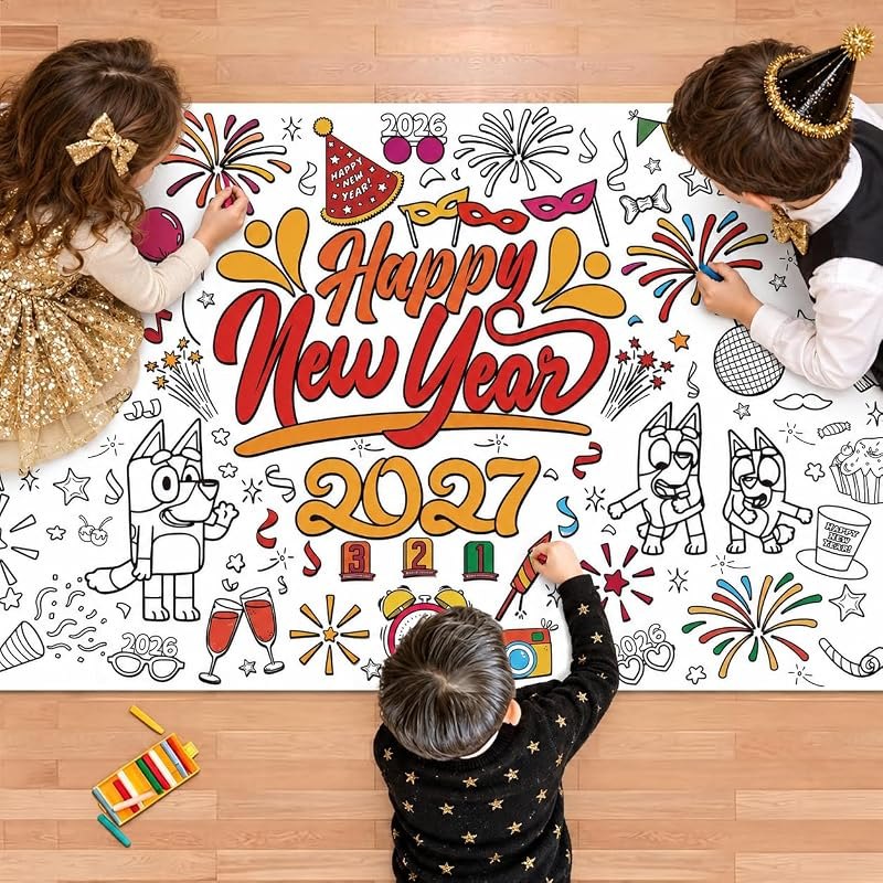 New Years Coloring Poster/Tablecloth - New Years Decorations 2027-30 x 72 Inches Jumbo Paper Coloring Banner - Kids