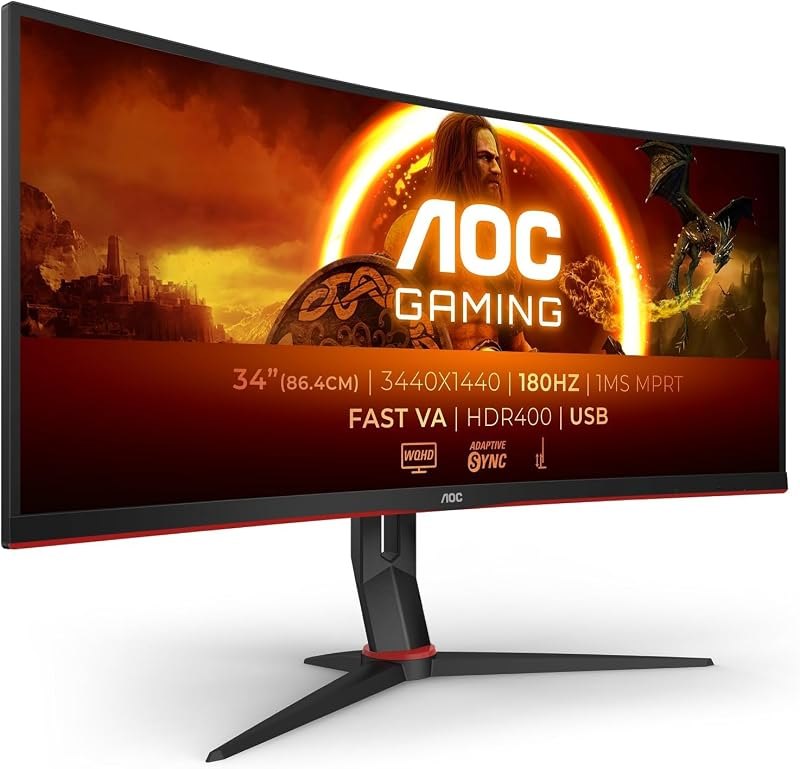 AOC CU34G2XP/BK Gaming Monitor - 34" WLED Curved Monitor - 180Hz Refresh Rate, 5ms Response Time (Renewed) — Curved