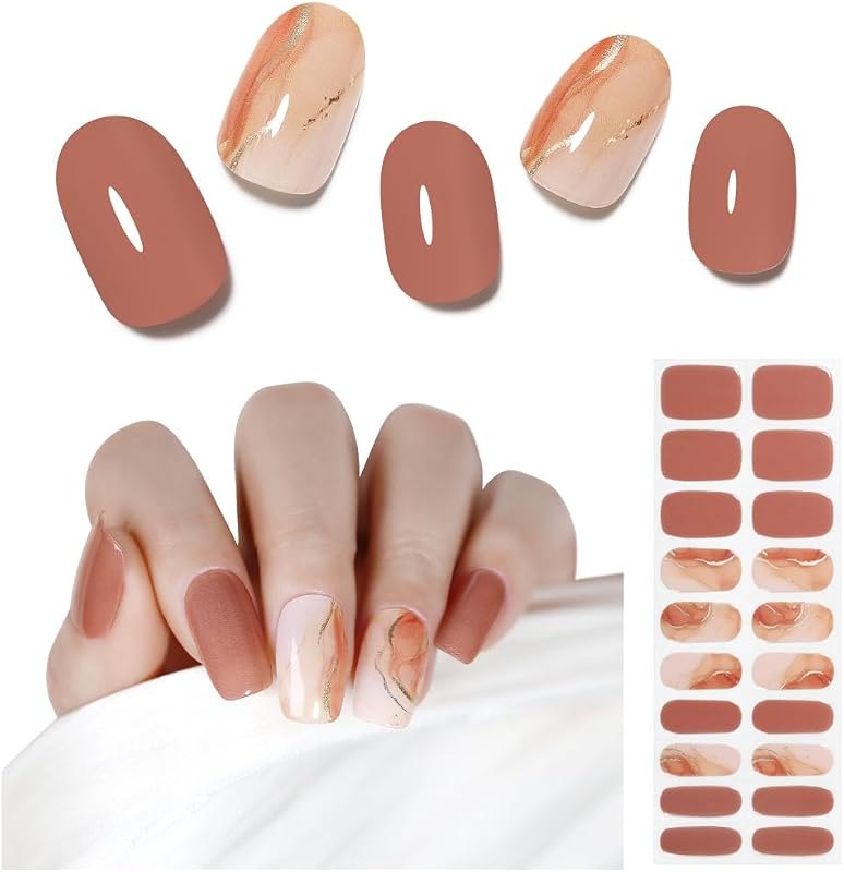 Arte Clavo Brown Glitter Gold Stamping Semi Cured Gel Nails - 20 Pcs Fall Marble Gel Nail Stickers (UV Curing) — Fall