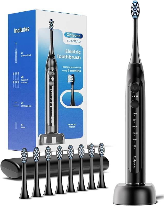 Electric Toothbrush for Adults, Rechargeable Electric Toothbrush with 8 Brush Heads, Travel Case, Charging Base &