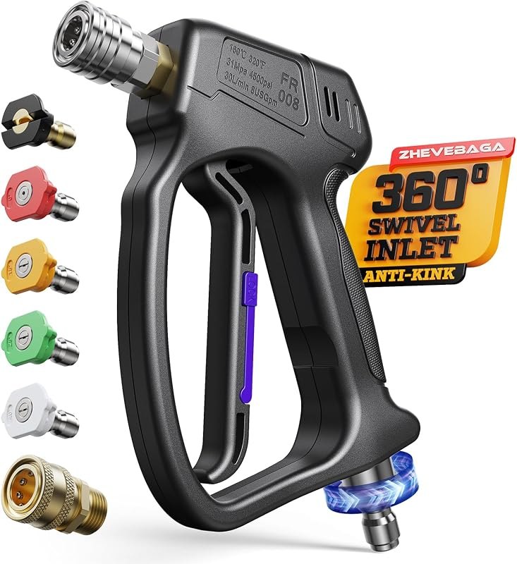 Short Pressure Washer Gun with 360°Swivel, 4500 PIS Power Washer Gun — high pressure washer wand for high pressure