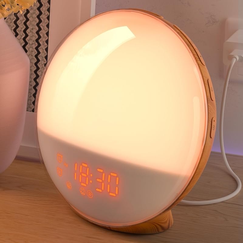 Dekala Sunrise Alarm Clock for Heavy Sleepers, Wood Grain Wake up Light Sunset Simulation, 7 Nature Sounds, Dual