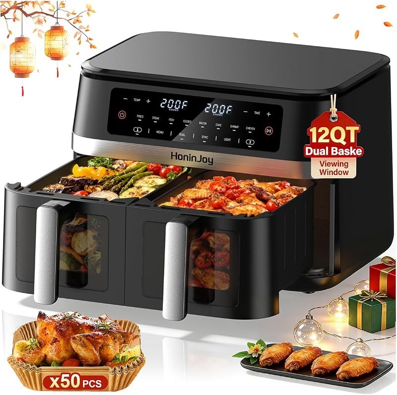 12QT 12-in-1 Dual Air Fryer with 2 Baskets and 50PCS Paper Liners — large capacity air fryer for large capacity air